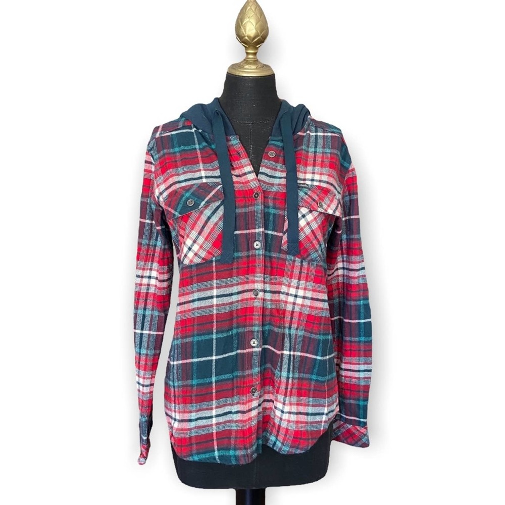 Columbia Red and Green Plaid Hooded Button Down Flannel Top Size Small